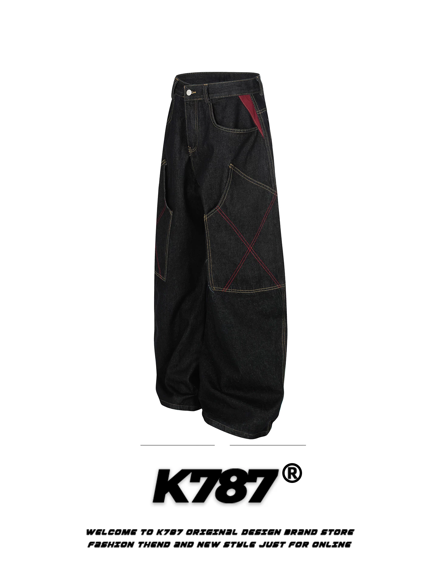 Quần jeans K787 kiểu Mỹ cổ điển, xước mài, dáng scimitar dành cho nam và nữ, nhiều túi, quần ống rộng lưng cao, phong cách thoải mái.