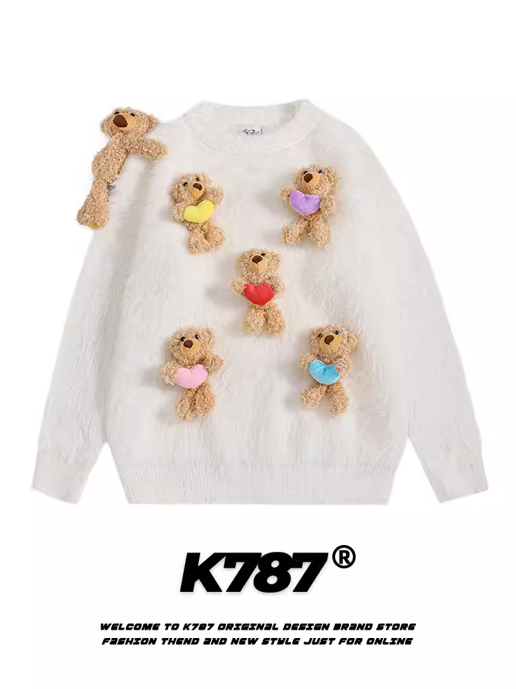 K787 Dopamine Fun Bear Mặt dây chuyền áo len dệt kim dành cho nữ Áo len màu trắng phong cách đại học Dopamine cổ điển của Mỹ