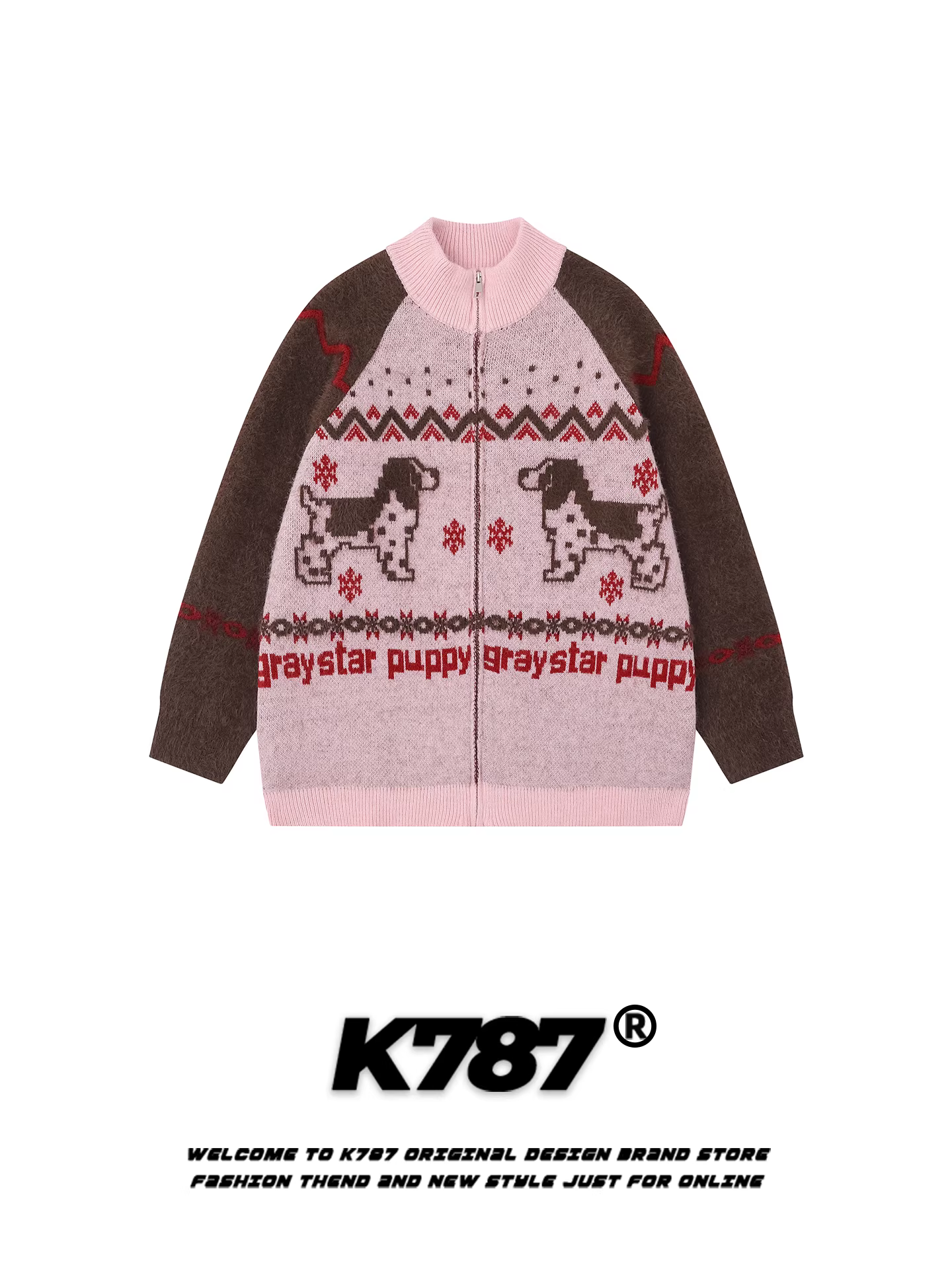 Áo len cardigan dệt jacquard kiểu Mỹ cổ điển K787 dành cho nam và nữ, kiểu dáng rộng rãi, thoải mái, màu hồng thời trang.