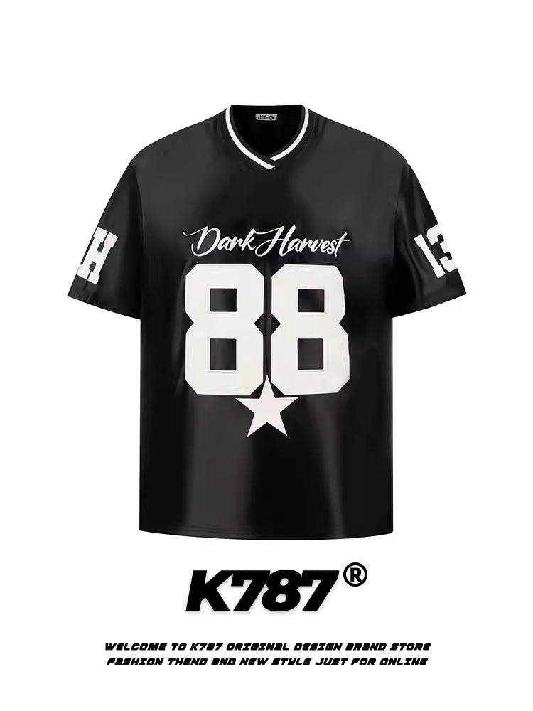 K787 Áo thun ngắn tay phong cách retro Mỹ đa năng, dáng rộng, unisex, kiểu jersey oversize, áo cặp nửa tay