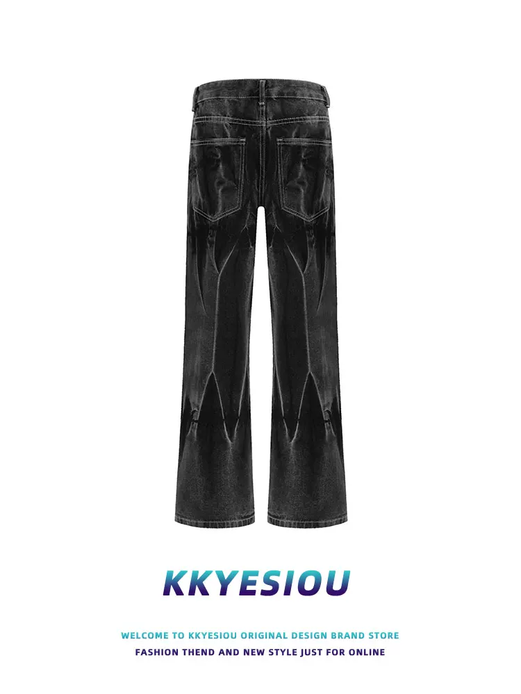 Quần jeans đen phai màu kiểu Mỹ cổ điển, unisex, dáng rộng, cạp cao, đa năng, ống thẳng của thương hiệu KKyesiou