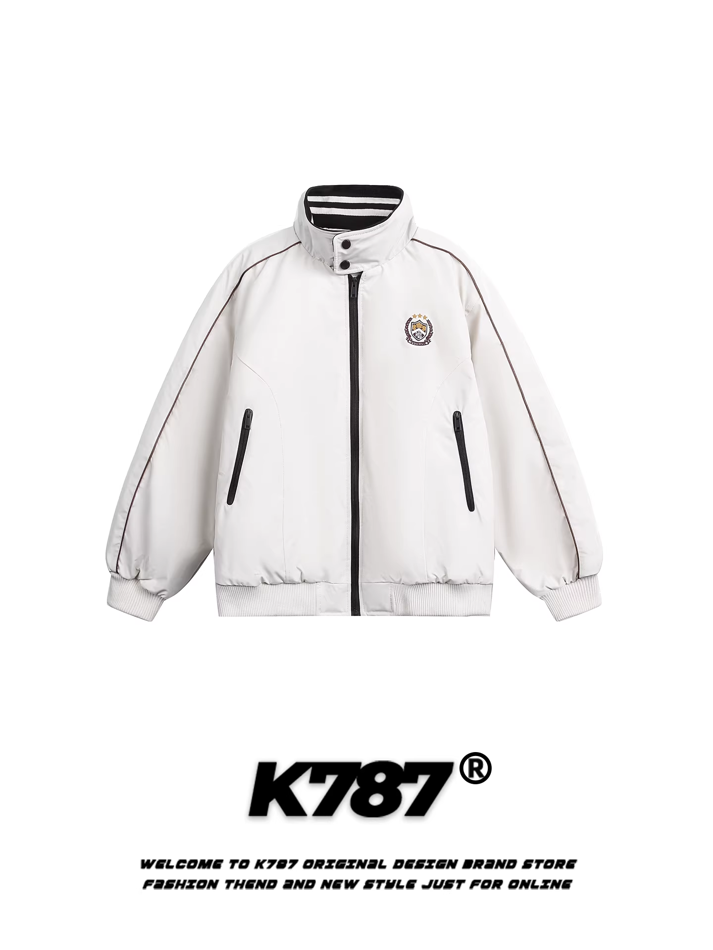 Áo khoác cotton cổ đứng thêu huy hiệu thương hiệu thời thượng kiểu Mỹ K787 dành cho nam và nữ, dáng rộng, ấm áp, phối màu, áo khoác cotton đa năng dành cho cặp đôi.