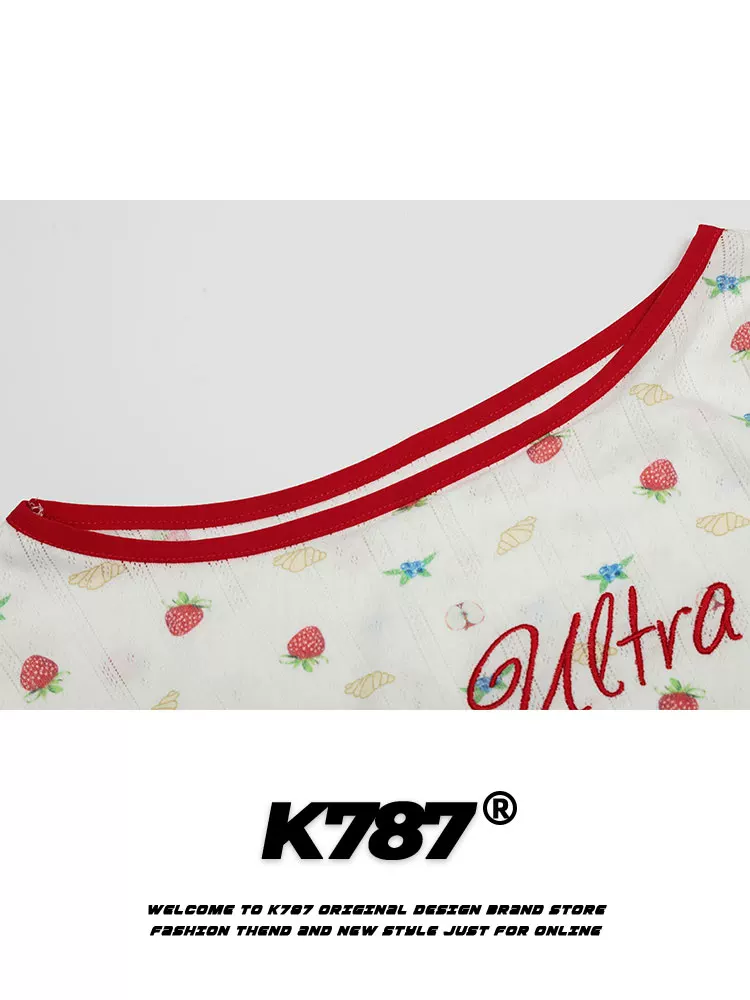 Áo ngắn thêu dâu tây K787 phong cách sexy dành cho nữ, kiểu dáng BM tay áo thường, chất liệu hơi mỏng, áo kiểu lười dáng ôm eo, áo thun dài tay.