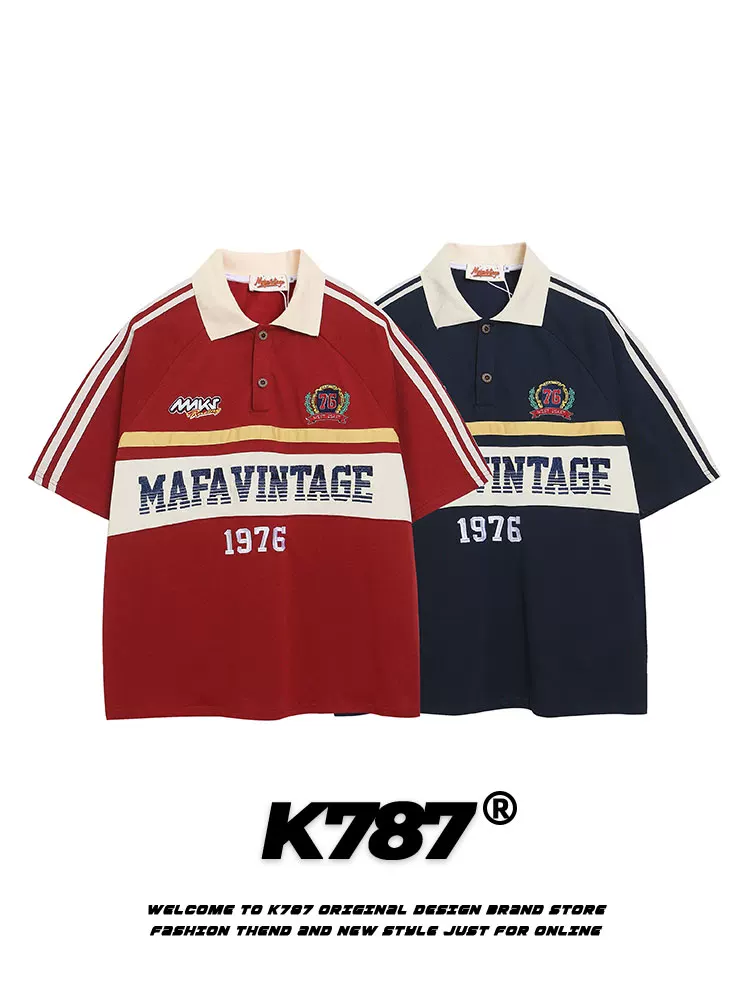 Áo thun polo unisex K787 kiểu Mỹ cổ điển, sọc, in chữ, phong cách đường phố, đa năng, thường ngày, mùa hè 2025, cổ trụ, tay ngắn