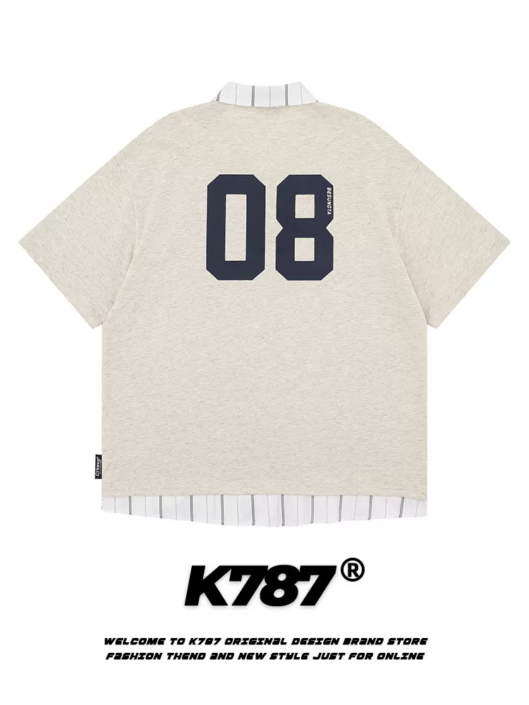 K787 Áo sơ mi POLO giả hai mảnh sọc giả cổ điển kiểu Mỹ dành cho nam và nữ, áo thun ngắn tay phong cách đại học đa năng dành cho cặp đôi
