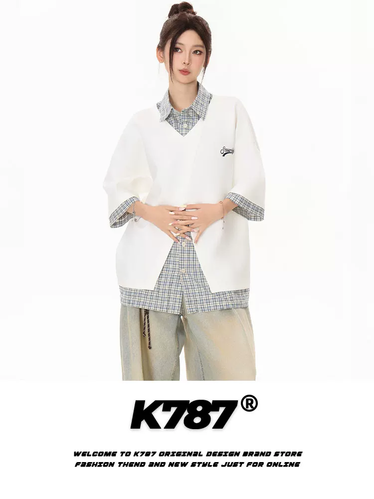 K787 Áo thun ngắn tay giả hai mảnh kiểu Mỹ cổ điển dành cho nam và nữ với thiết kế chuông nhỏ, áo sơ mi POLO nửa tay phong cách đại học