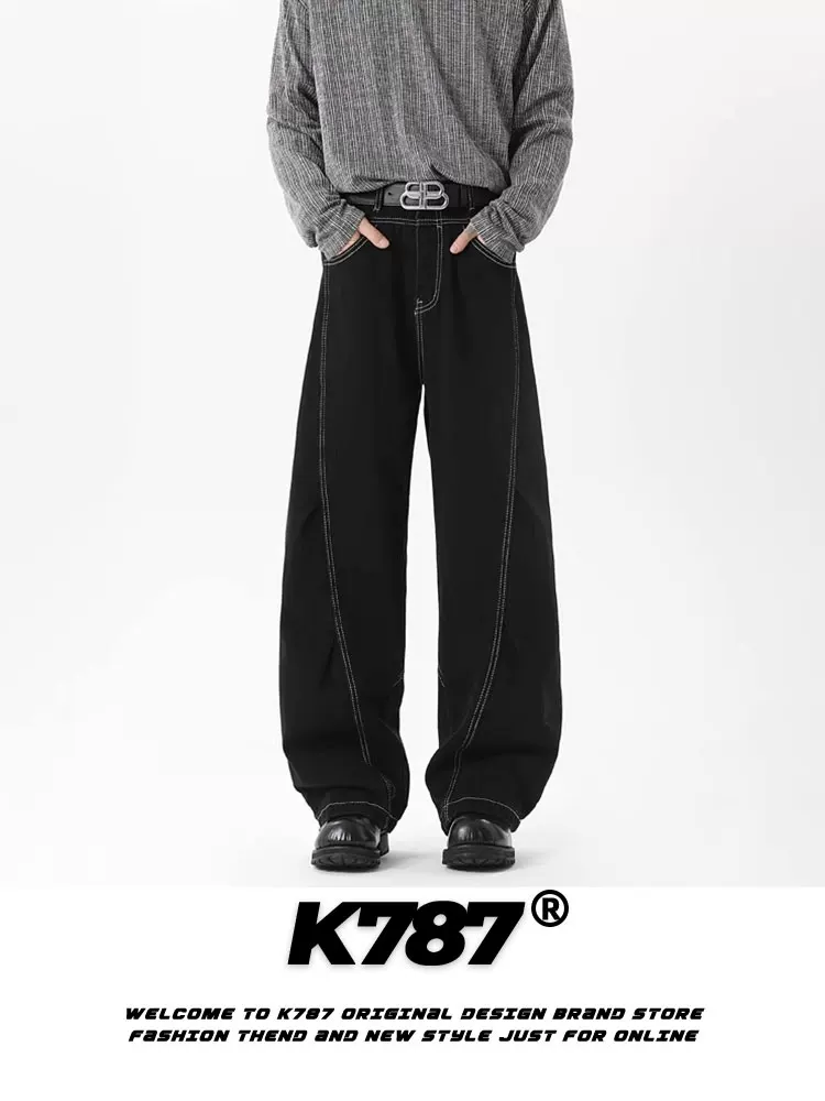 Quần jeans dáng xếp ly phong cách retro Mỹ K787 dành cho nam và nữ, quần ống đứng màu đen cạp cao, đa năng, phong cách thường ngày