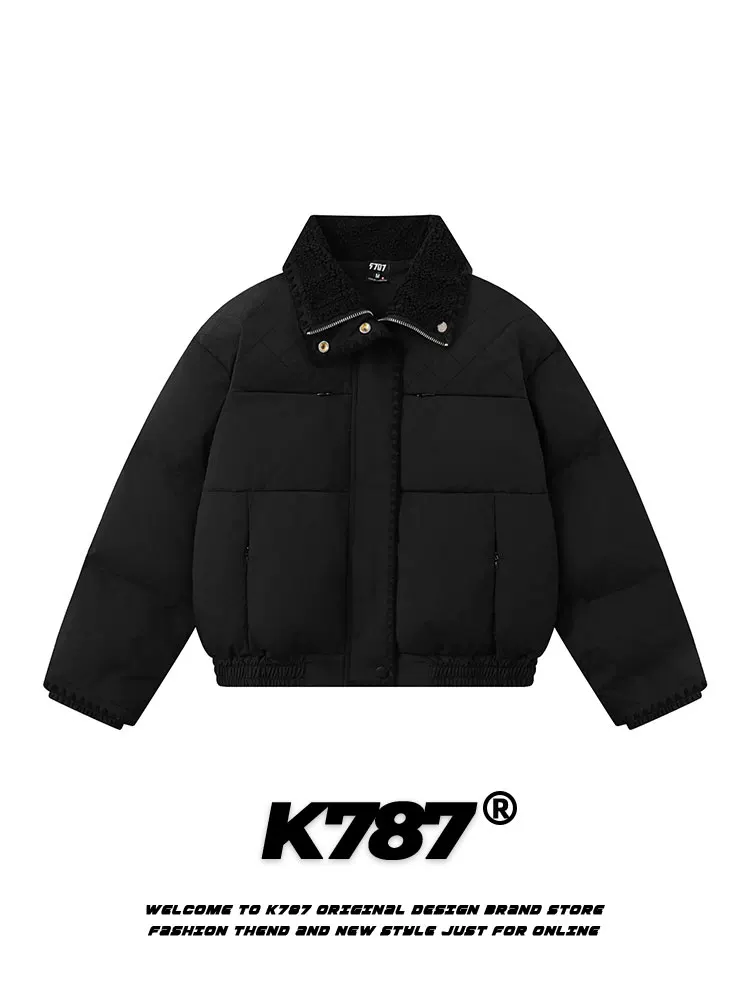 Áo khoác phao ngắn kiểu Mỹ cổ điển K787, chất liệu cotton dày dặn có cổ lông, dành cho nam và nữ, màu trơn đa năng, mùa đông 2024