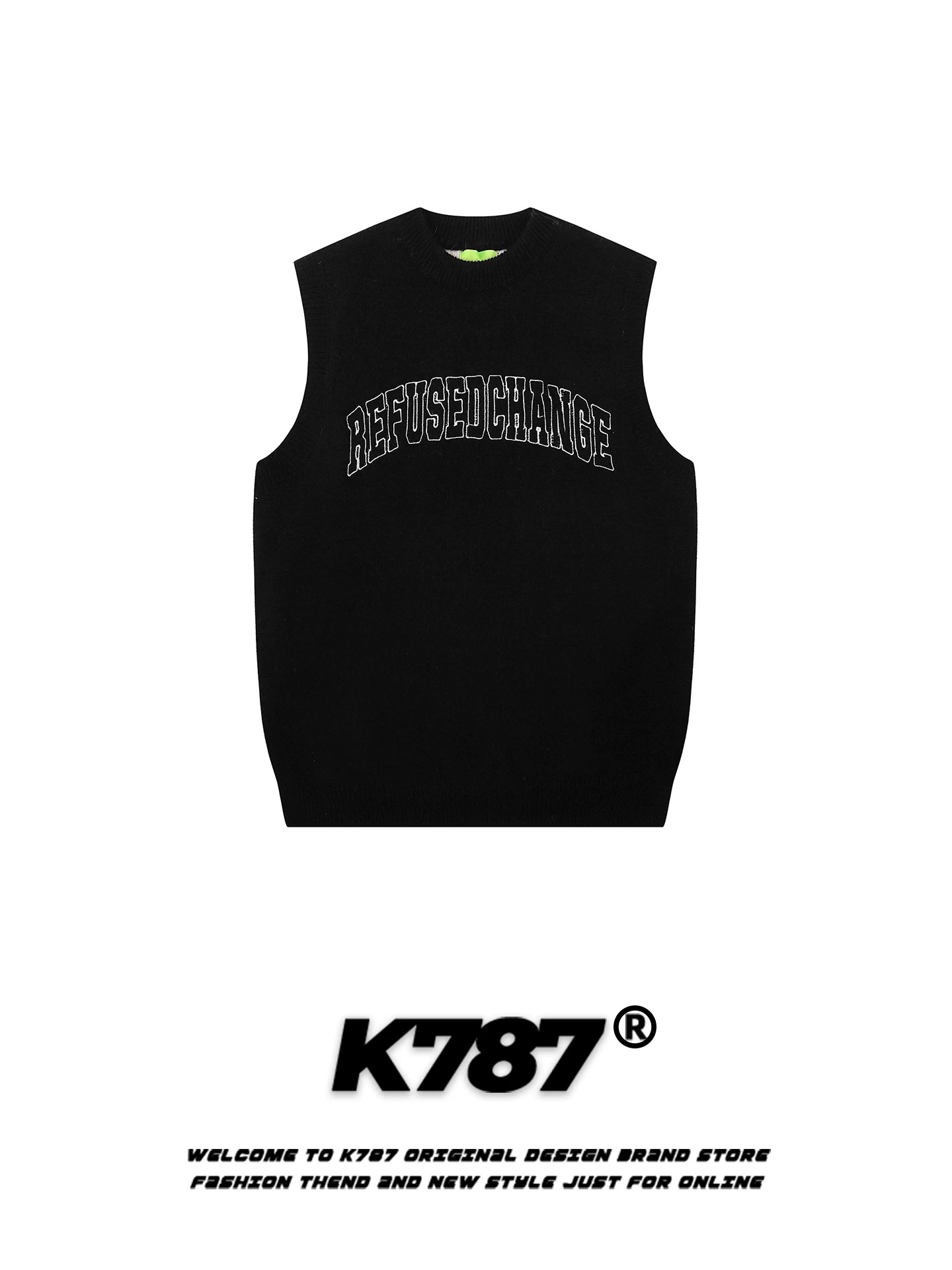 Áo len không tay kiểu dáng cổ tròn thêu chữ retro Mỹ K787, unisex, phong cách đại học, dáng rộng, nhiều lớp, chất liệu dệt kim