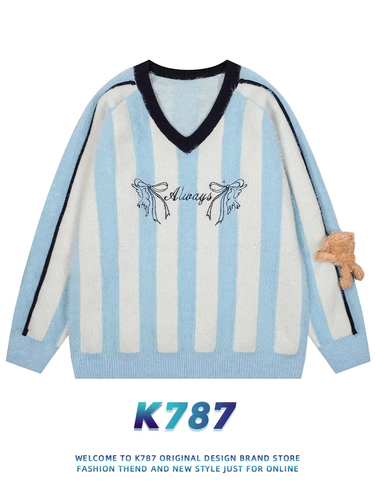 Áo len thể thao cổ V phong cách retro Mỹ K787, kiểu học sinh, unisex, phong cách blokecore, họa tiết gấu bông