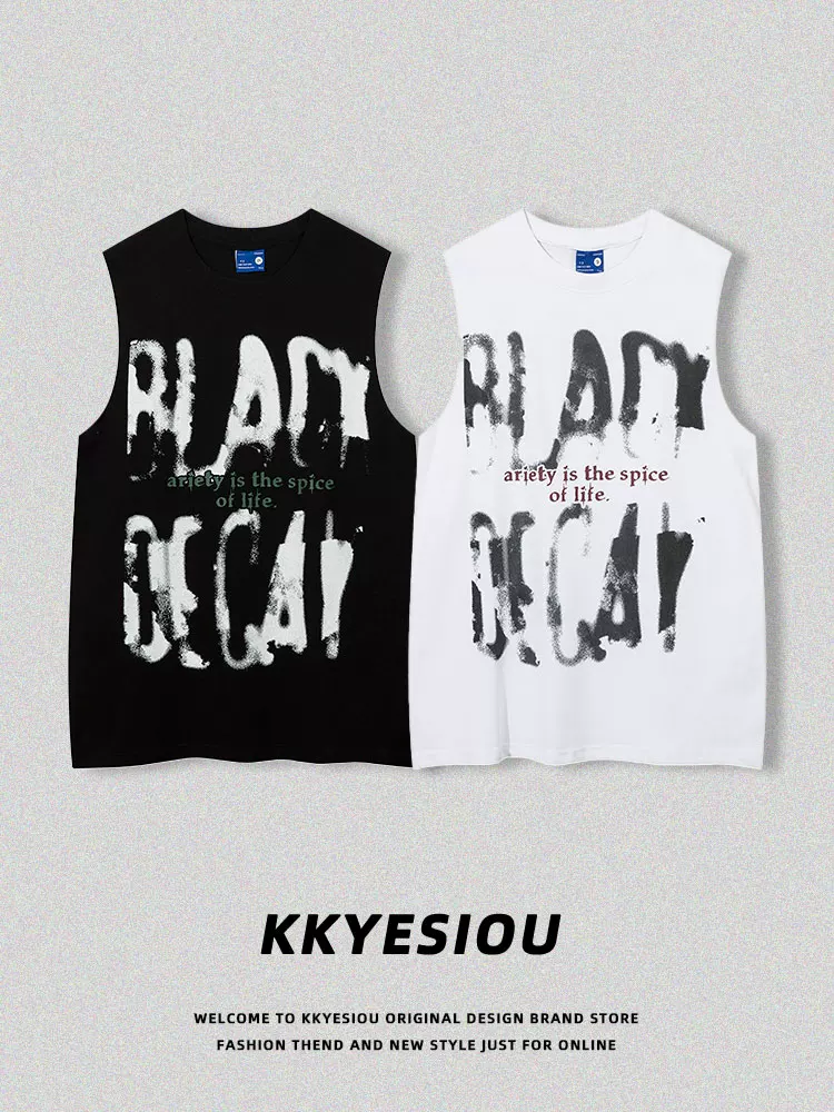 Áo vest unisex phong cách đường phố hip-hop, in chữ graffiti theo xu hướng retro Mỹ, kiểu dáng rộng rãi, dành cho cặp đôi.