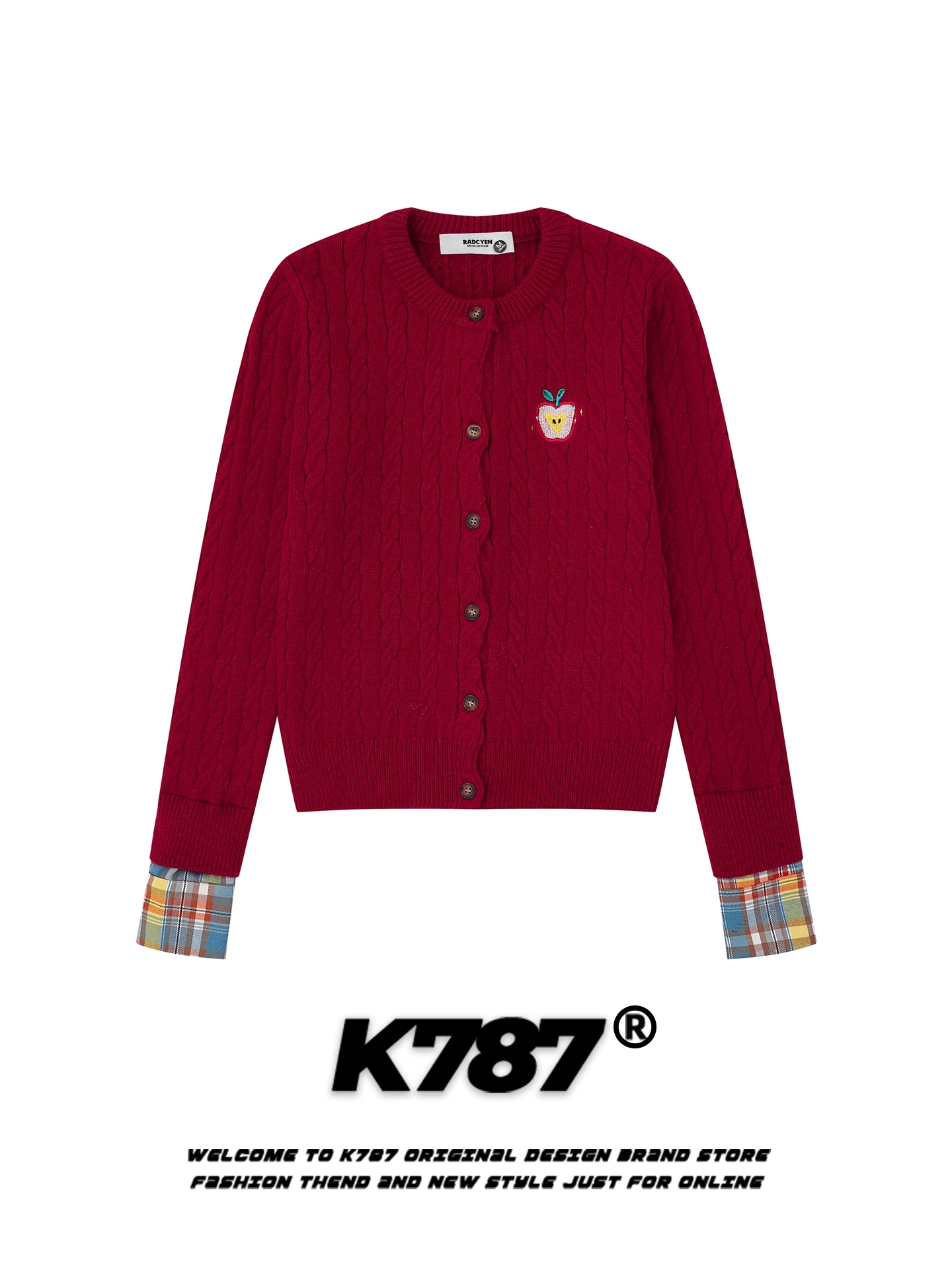 Áo len cardigan thêu hình quả táo kiểu Mỹ K787 dành cho nữ, áo khoác len ngắn màu đỏ đô phong cách lười biếng