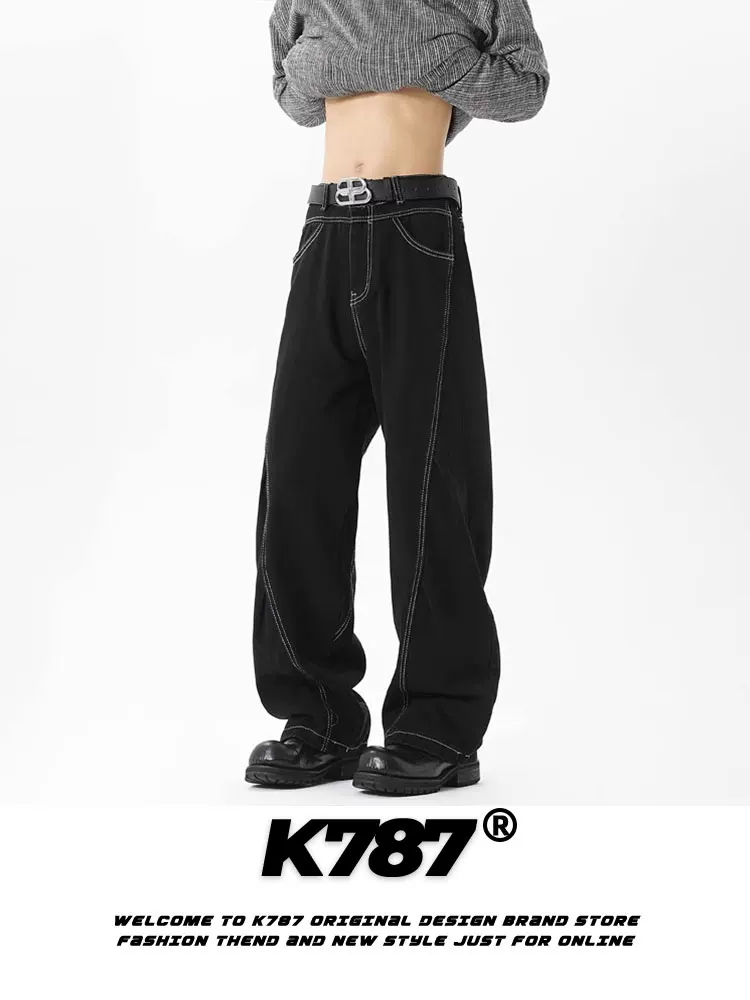 Quần jeans dáng xếp ly phong cách retro Mỹ K787 dành cho nam và nữ, quần ống đứng màu đen cạp cao, đa năng, phong cách thường ngày