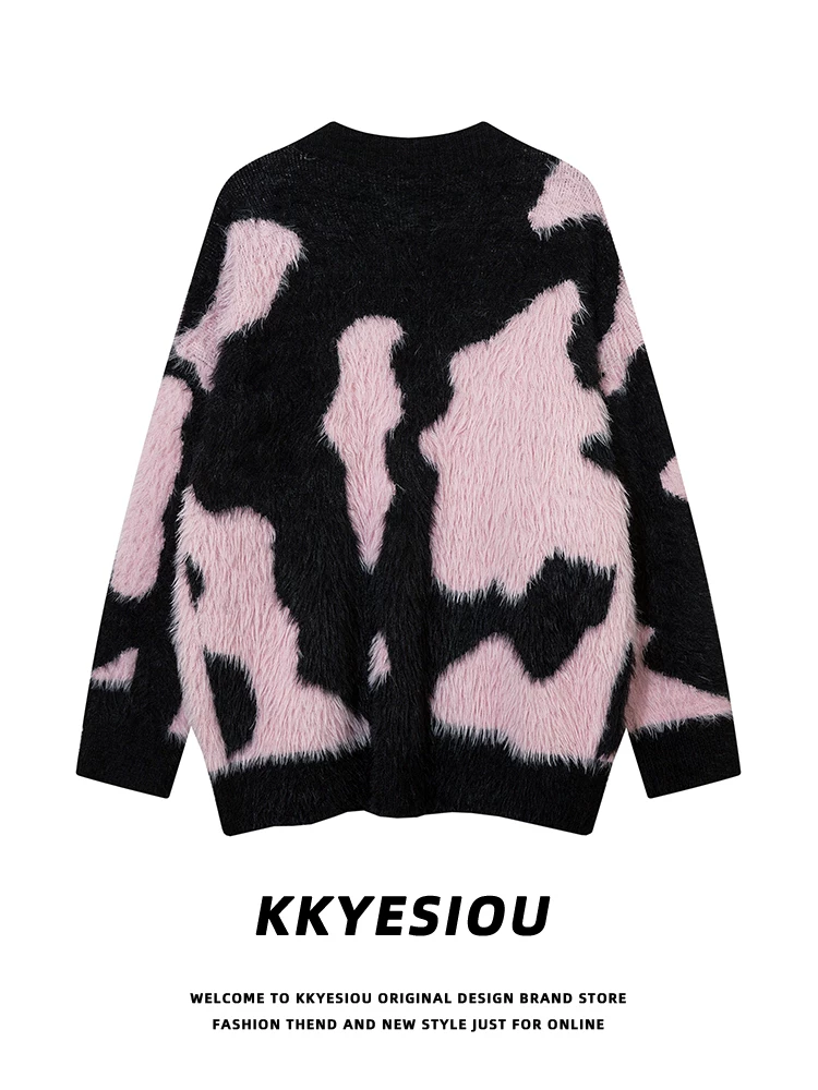 Áo khoác cardigan len giả mohair phong cách retro Mỹ, phối màu đen hồng, kiểu dáng lười, unisex, phong cách sinh viên, mã K787
