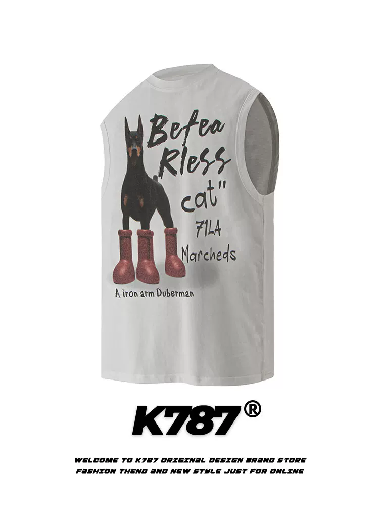 K787 Phong cách đường phố Mỹ Doberman in hình ngộ nghĩnh áo vest unisex ngoại cỡ áo ba lỗ áo thun không tay mùa hè