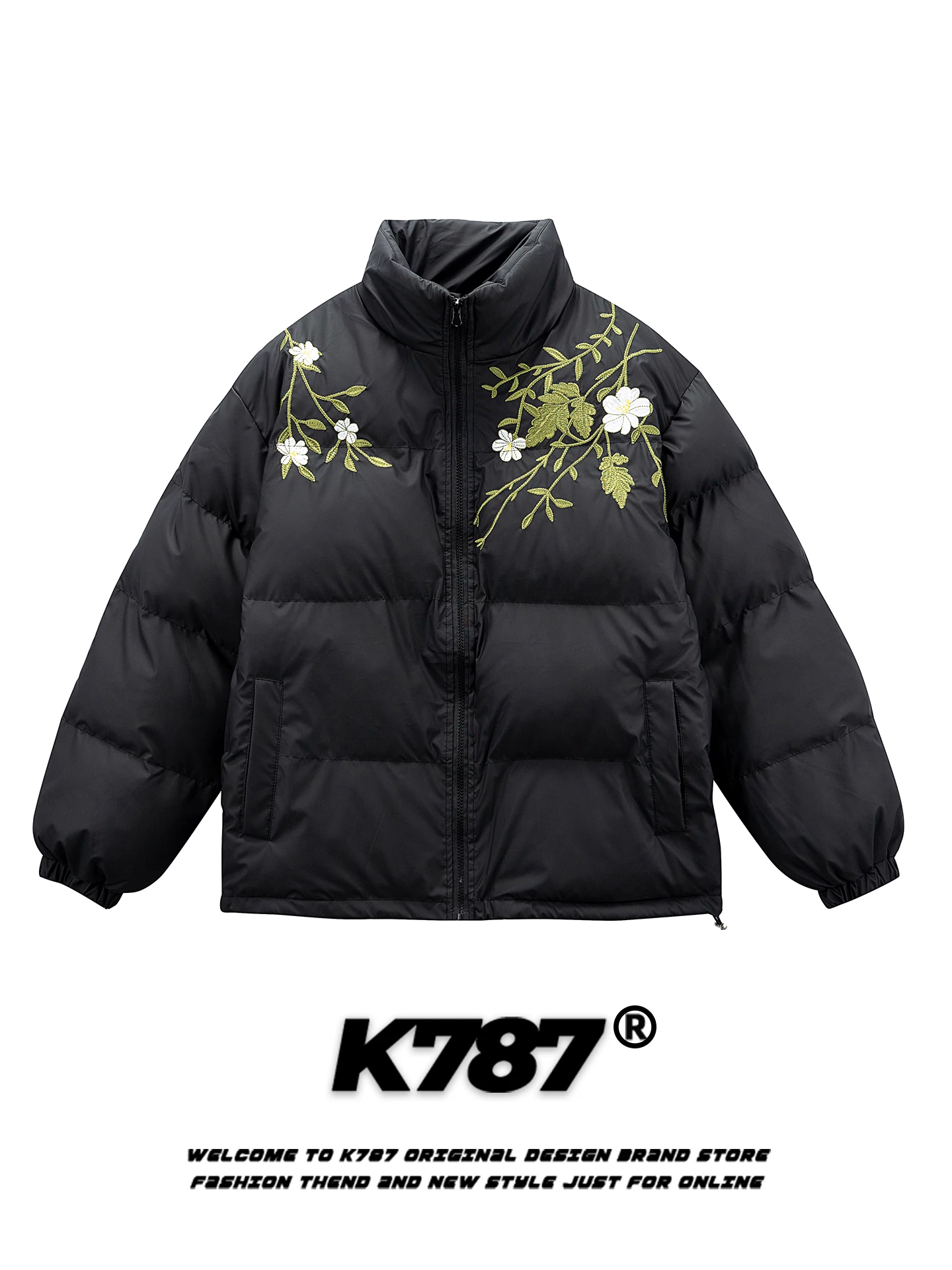 Áo khoác cotton cổ đứng thêu hoa kiểu Mỹ cổ điển K787 dành cho nam và nữ, dày dặn và ấm áp cho mùa đông, áo khoác cotton có khóa kéo dành cho cặp đôi.