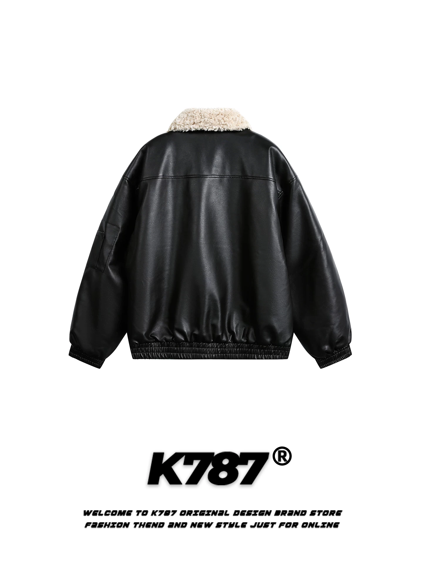 Áo khoác cotton phối len cừu kiểu Mỹ cổ điển K787 dành cho nam và nữ, áo khoác biker dáng rộng chất liệu da PU, áo khoác cotton giữ ấm cho cặp đôi.