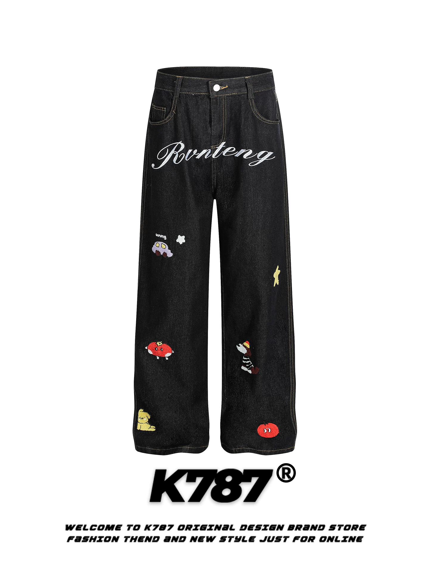 Quần jeans unisex cạp cao, dáng thẳng, chất liệu washed vintage, phong cách đường phố Mỹ, thêu hình hoạt hình chó, thương hiệu thời thượng K787.