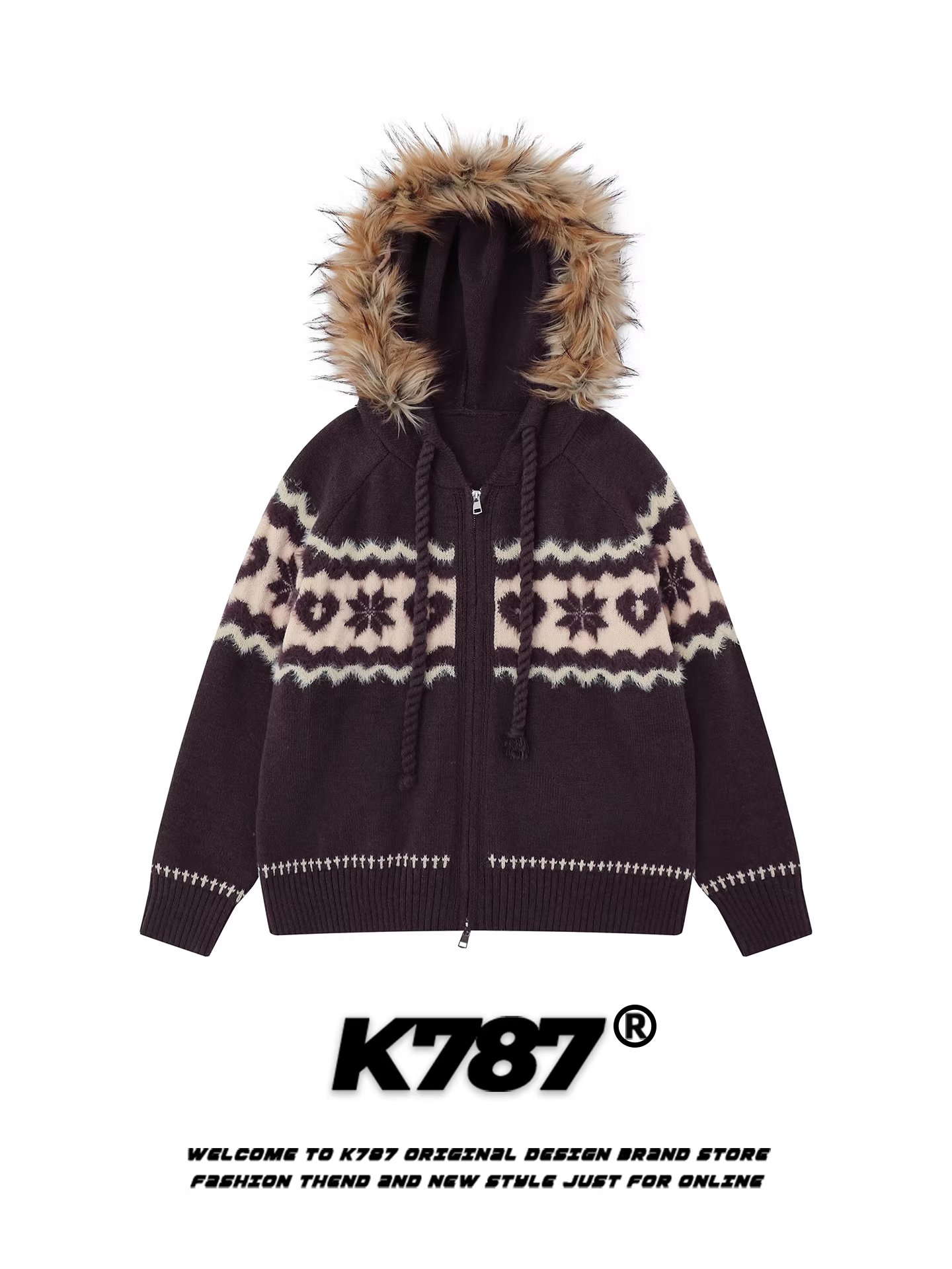 Áo len cardigan có mũ trùm đầu kiểu Mỹ cổ điển K787, họa tiết Fair Isle dệt jacquard, dành cho nam và nữ, phong cách lười biếng, dáng rộng, chất liệu dệt kim thoải mái.