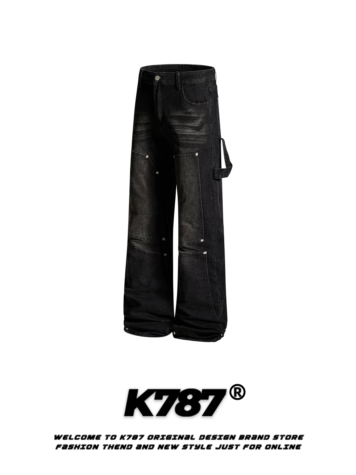 K787 Quần jean kiểu Mỹ cổ điển được thiết kế theo phong cách patchwork dành cho nam và nữ, quần dài thẳng ống đứng có dây thắt lưng giảm béo hợp thời trang dành cho nam và nữ