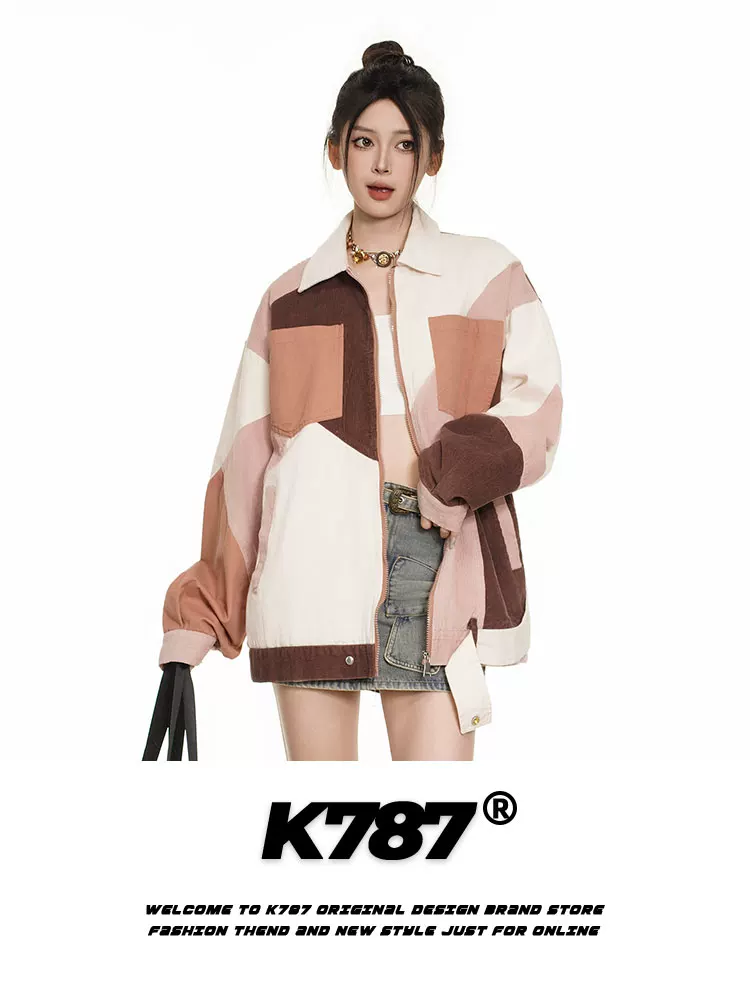 Áo khoác phối màu phong cách retro Mỹ K787 dành cho nam và nữ, thiết kế độc đáo, đa năng, áo đôi mùa xuân 2025