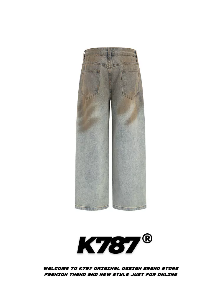 Quần jeans K787 kiểu Mỹ cổ điển, xu hướng quốc dân, đã qua xử lý làm cũ và rách, dáng xuông rộng, cạp cao, phong cách đường phố, dành cho nam và nữ