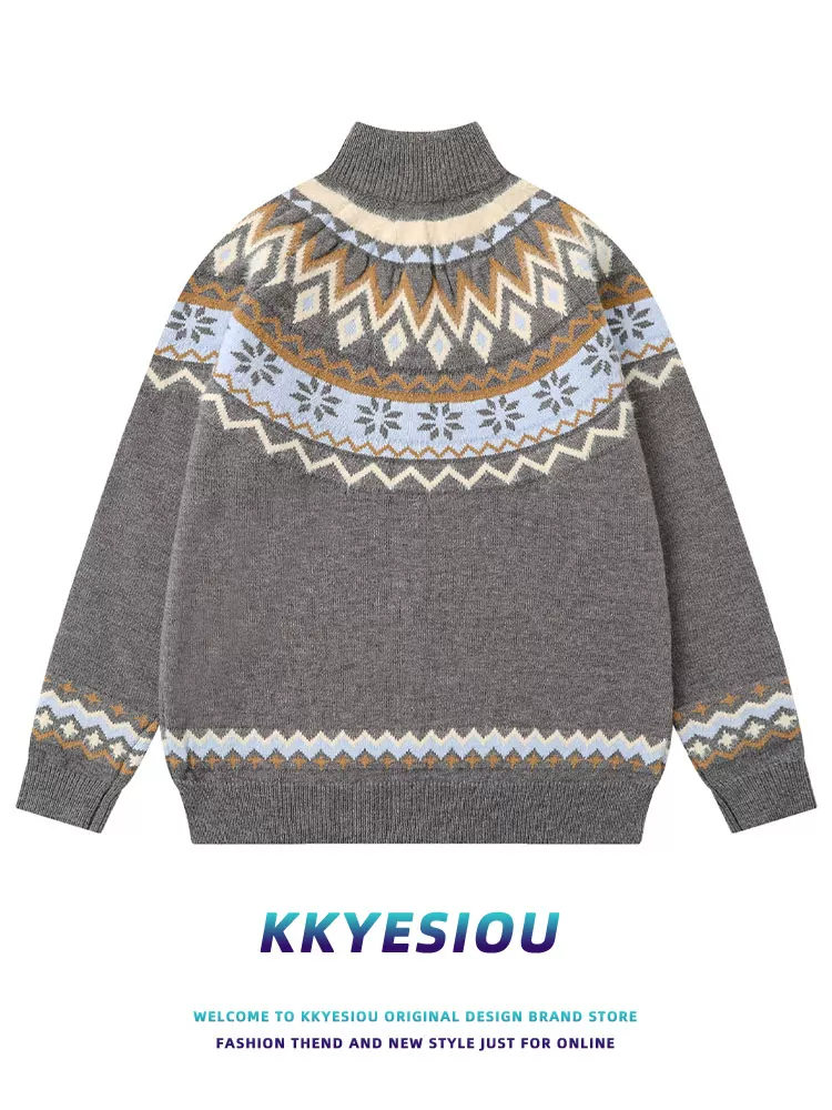 Áo khoác cardigan dệt kim sọc phong cách retro Mỹ KKyesiou, unisex, họa tiết đảo Feynman, khóa kéo, chất liệu jacquard
