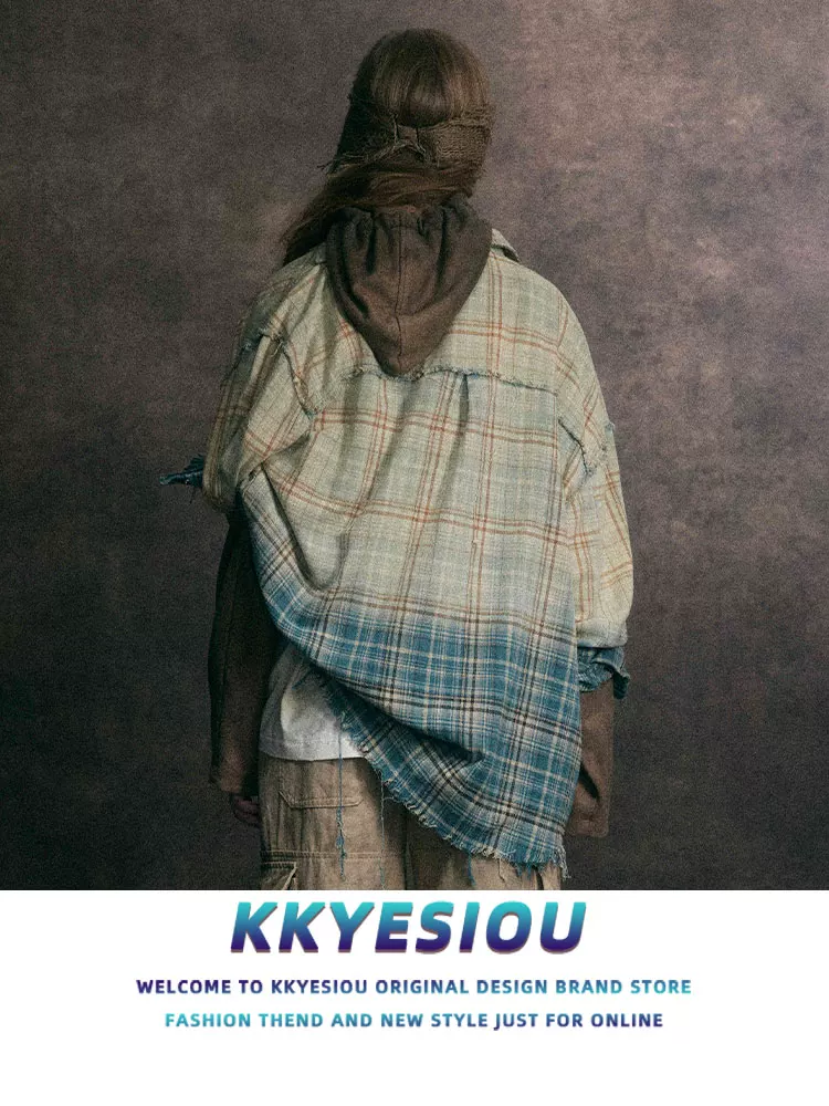 Áo sơ mi dài tay kiểu Mỹ cổ điển, kẻ caro, phối màu gradient, phong cách thường ngày, dành cho nam và nữ, viền xù, kiểu áo khoác đôi.