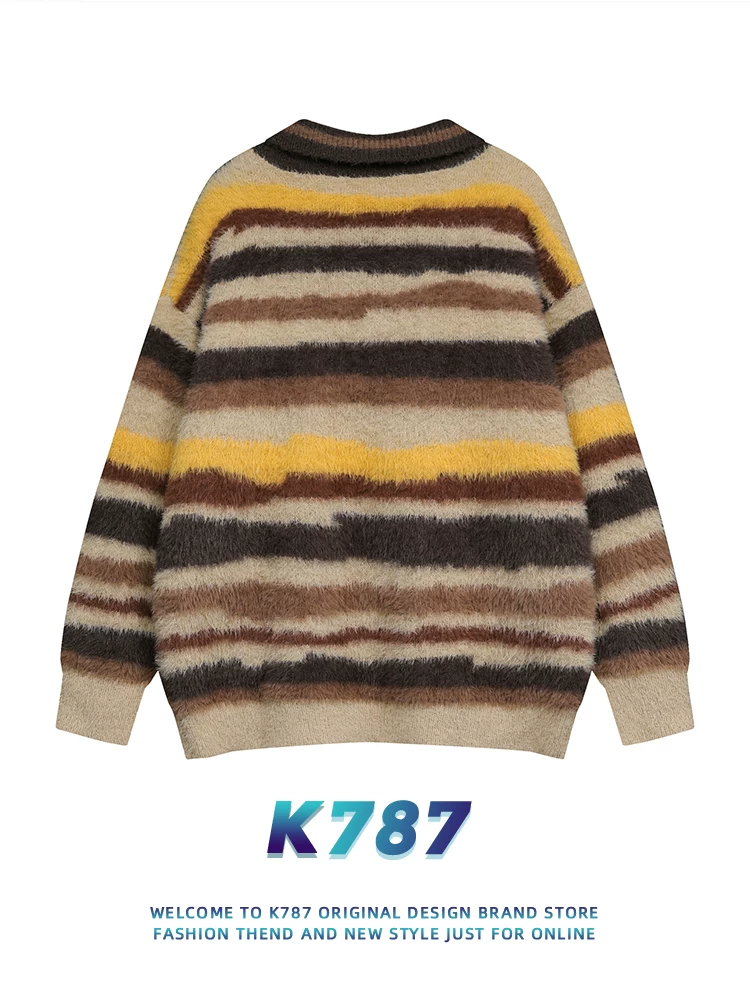 K787 Áo len dệt kim cổ chữ V sọc cổ điển kiểu Mỹ dành cho nam và nữ, áo len cặp đôi phong cách cổ điển thể thao phong cách đại học