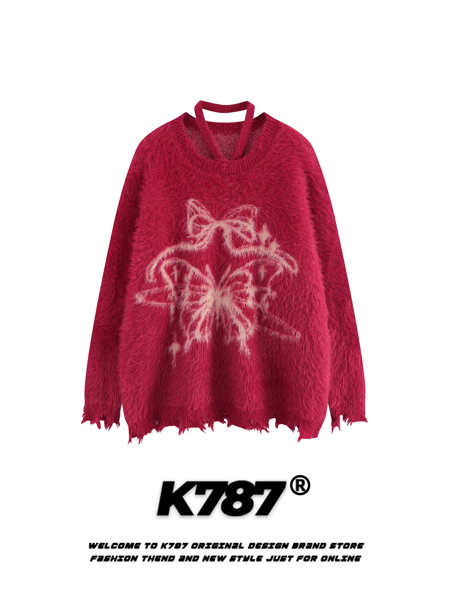 Áo len nữ cổ tròn kiểu halter, họa tiết bướm jacquard retro Mỹ, thiết kế rách cá tính, dáng rộng, chất liệu len đỏ ngọt ngào và cá tính.