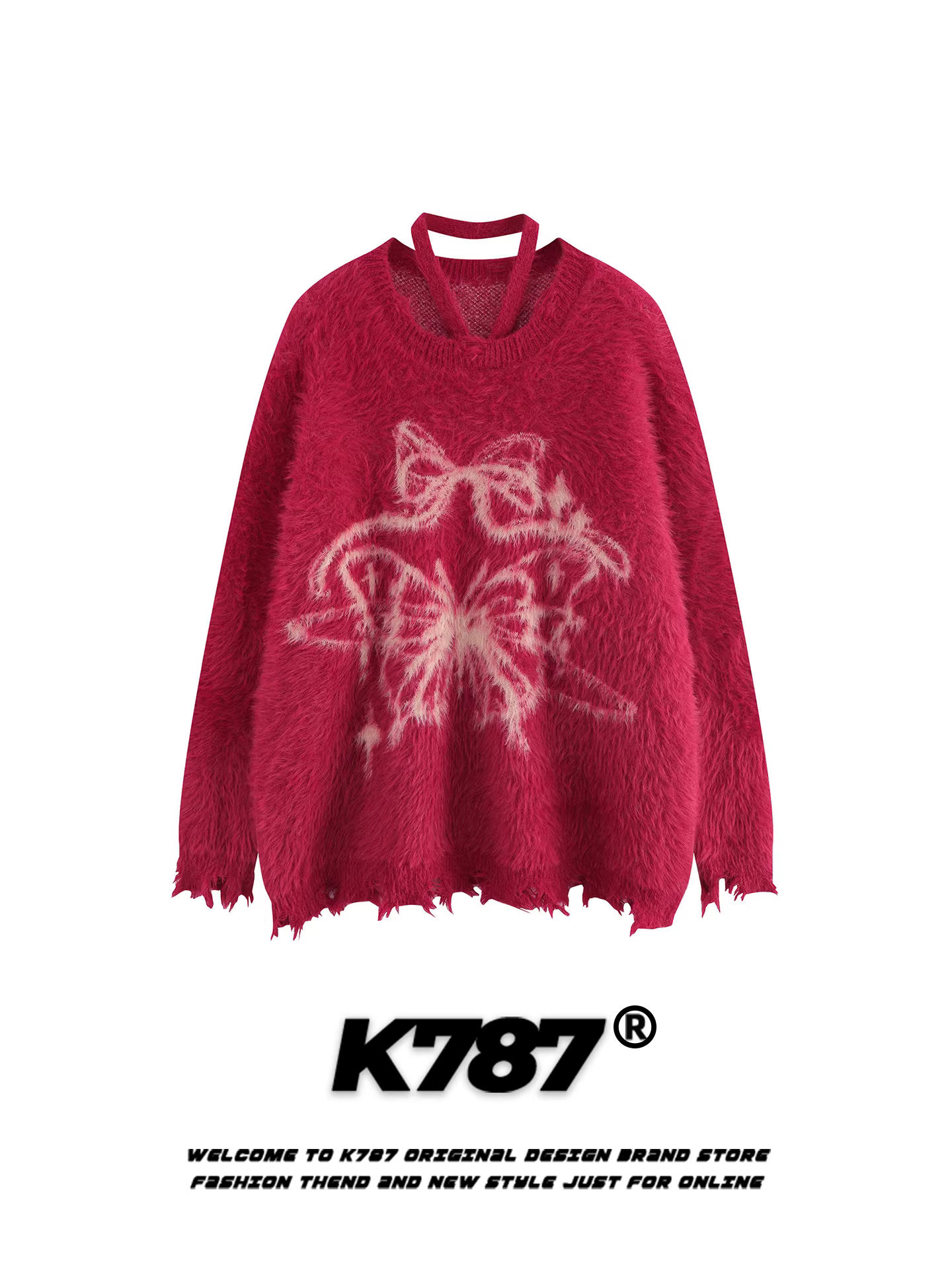 Áo len nữ cổ tròn kiểu halter, họa tiết bướm jacquard retro Mỹ, thiết kế rách cá tính, dáng rộng, chất liệu len đỏ ngọt ngào và cá tính.