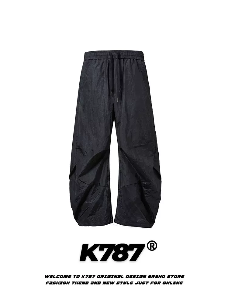 Quần âu nam kiểu dáng túi giấy xếp ly cong phong cách retro Mỹ K787, quần ống rộng dáng suông dây rút phong cách đường phố