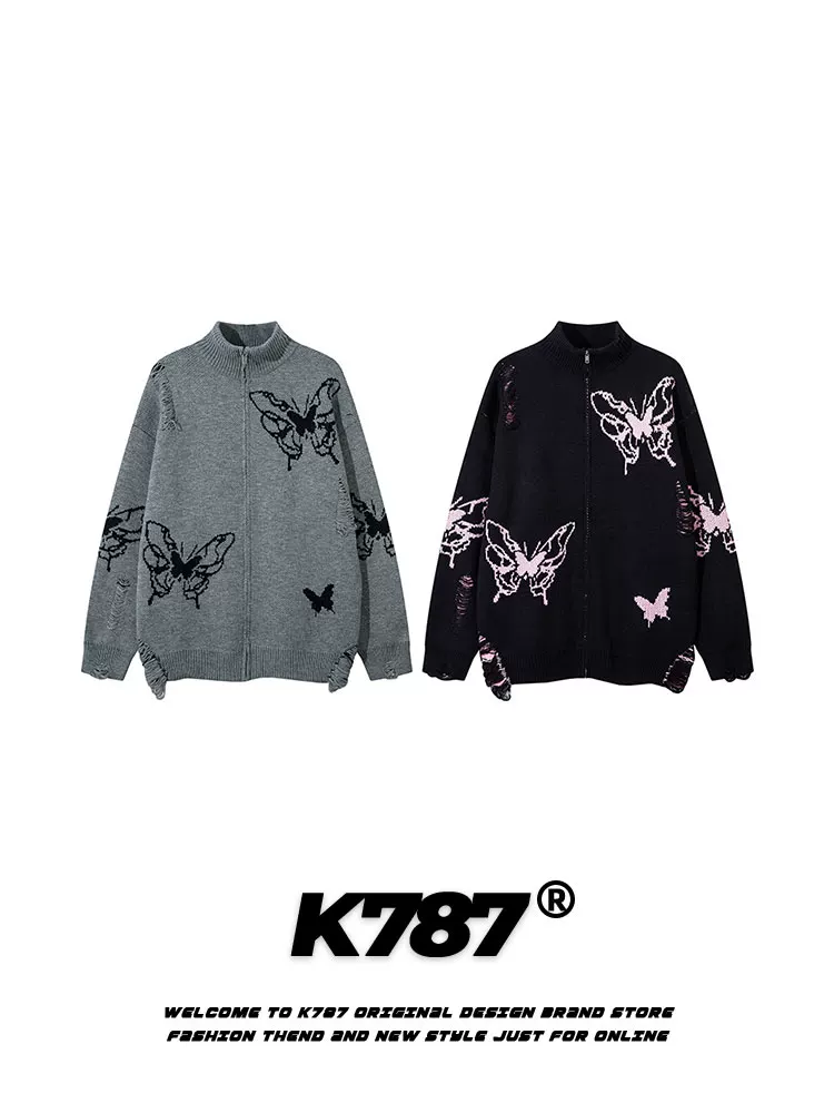 Áo cardigan dệt kim thiết kế hip-hop cá tính K787, kiểu dáng bướm, unisex, phong cách retro Mỹ, áo khoác cặp đôi