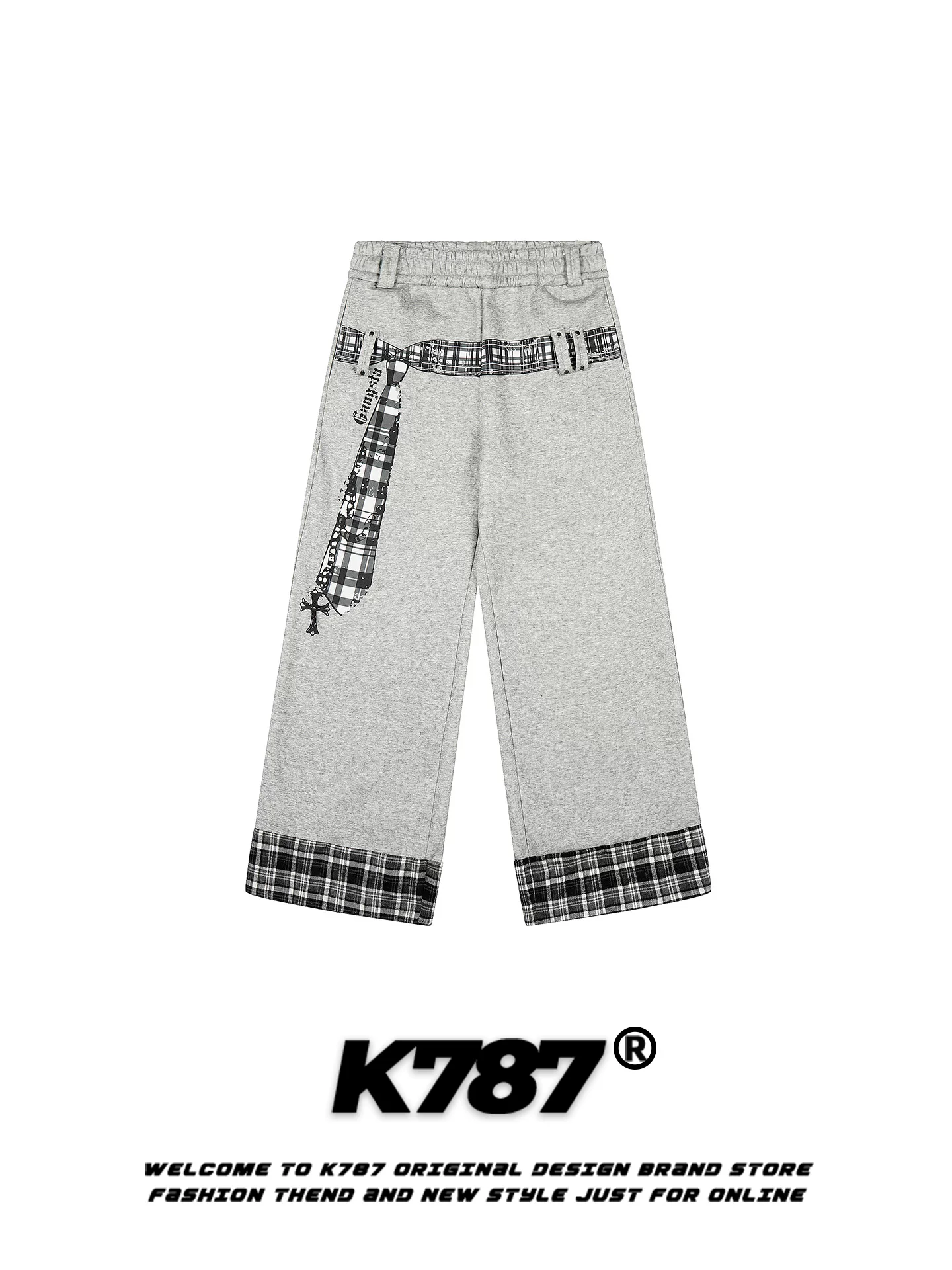 Quần jogger kẻ caro in họa tiết kiểu Mỹ K787 dành cho nam và nữ, dáng rộng, phong cách thoải mái, cạp cao, ống rộng, thẳng.