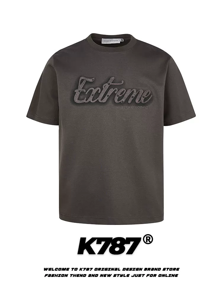 K787 Áo thun ngắn tay thêu chữ cổ điển kiểu Mỹ cleanfit dành cho nam, vai thường, đa năng, giản dị, mùa hè
