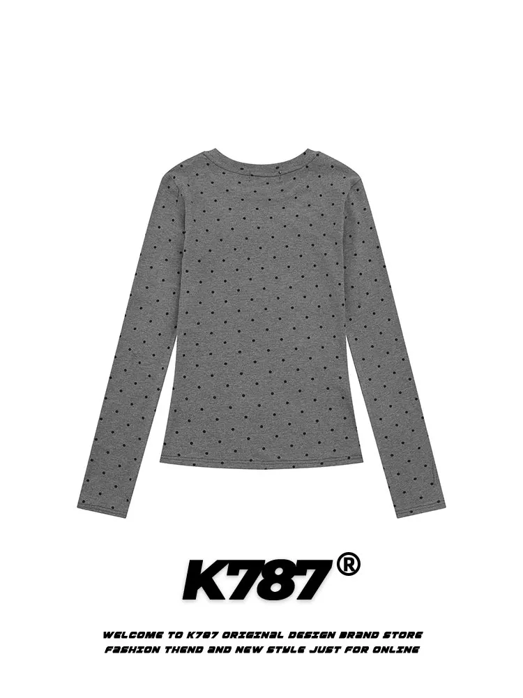 K787 Hot Girl Chấm bi In hình chó con Áo thun dài tay nữ Slim Fit Áo sơ mi ngắn cơ bản hàng đầu