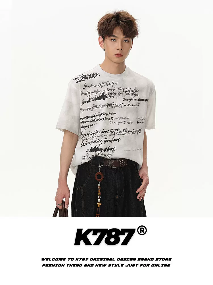 Áo thun ngắn tay K787 kiểu Mỹ cổ điển, họa tiết graffiti tie-dye, dành cho nam và nữ, kiểu dáng rộng rãi, thoải mái, áo đôi.
