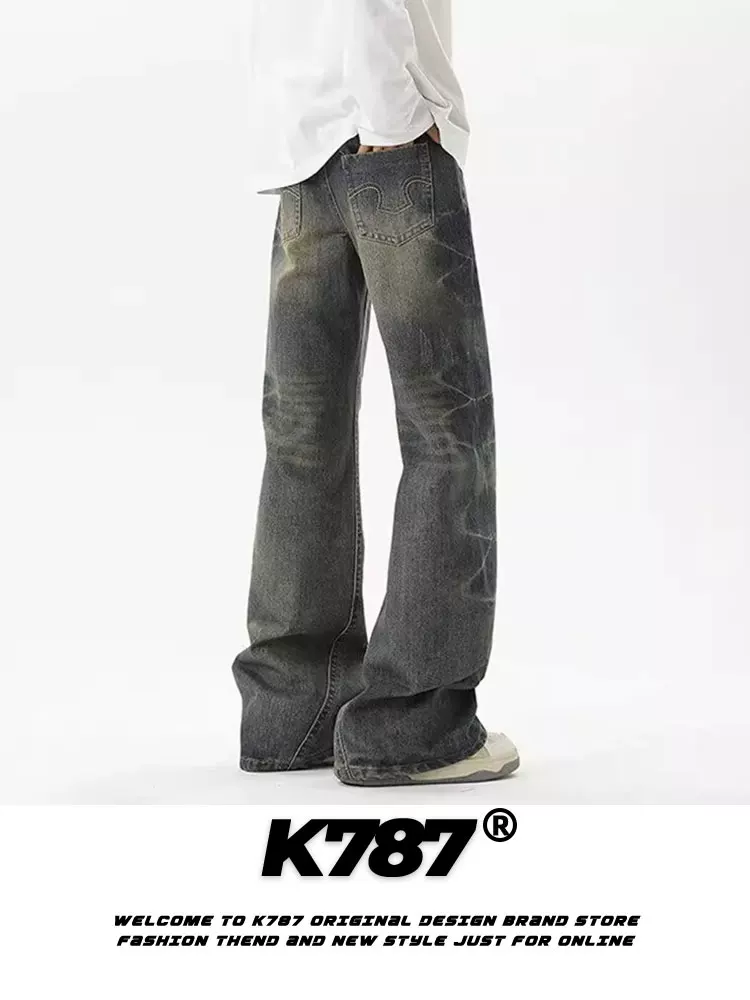 Quần jeans unisex dáng thẳng lưng cao, chất liệu denim xước kiểu retro Mỹ K787, kiểu dáng rộng rãi, phong cách thường ngày