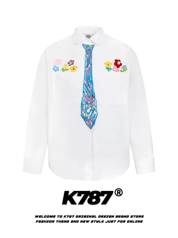 K787 Áo sơ mi dài tay họa tiết graffiti cổ điển kiểu Mỹ dành cho nam và nữ, áo cặp đa năng phong cách đại học vui nhộn
