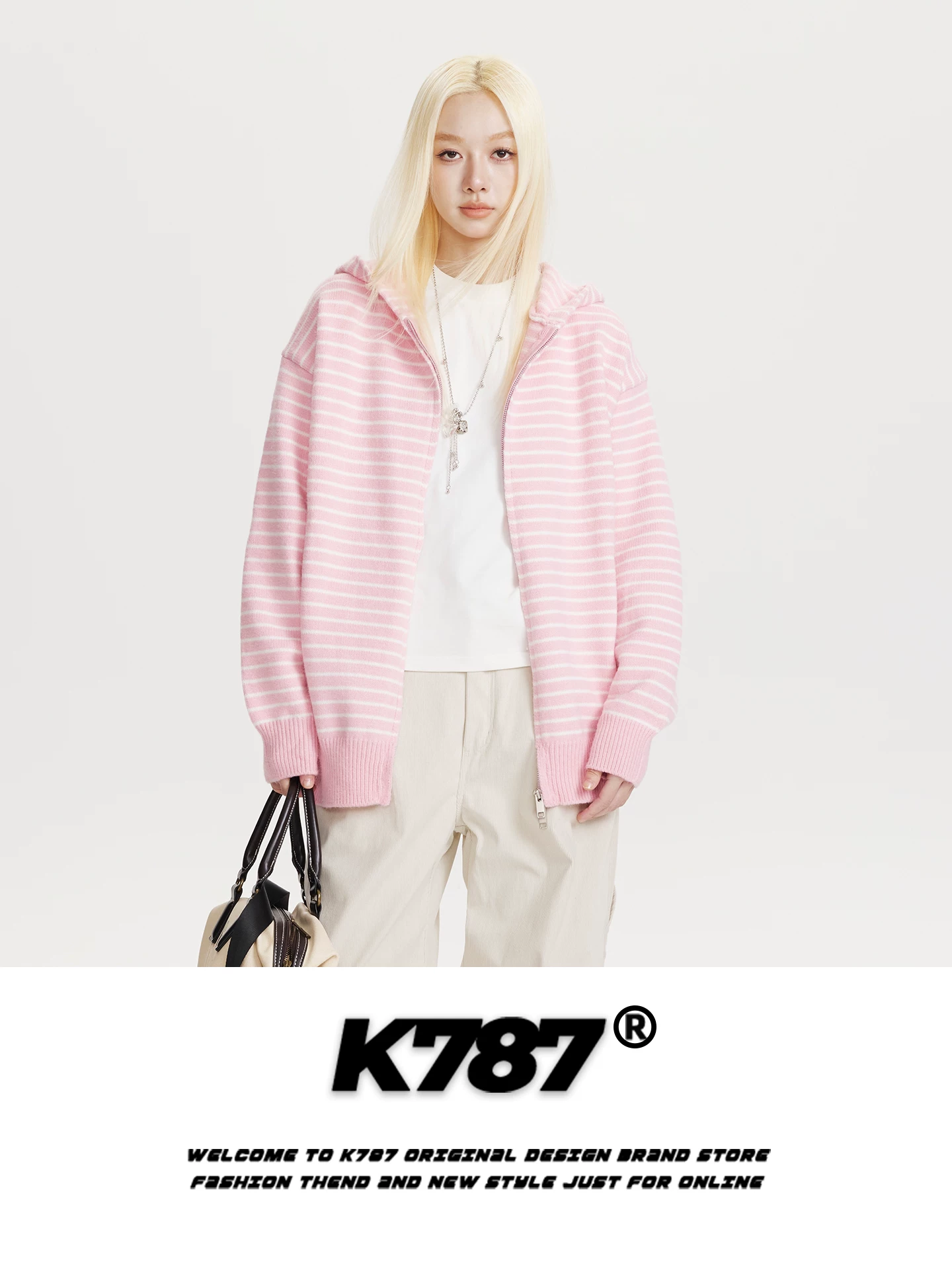 Áo khoác cardigan len dệt kim màu hồng, kiểu dáng rộng rãi, phong cách lười biếng, unisex, có mũ trùm đầu, phối màu sọc, kiểu Mỹ, mã K787