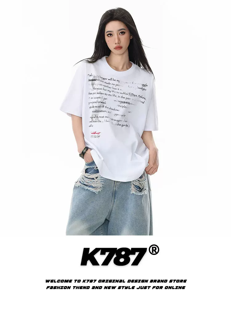 Áo thun ngắn tay phong cách đường phố Mỹ K787, kiểu chữ hip-hop, thiết kế rách cá tính, dành cho nam và nữ, dáng rộng, đa năng, thích hợp cho mùa hè.