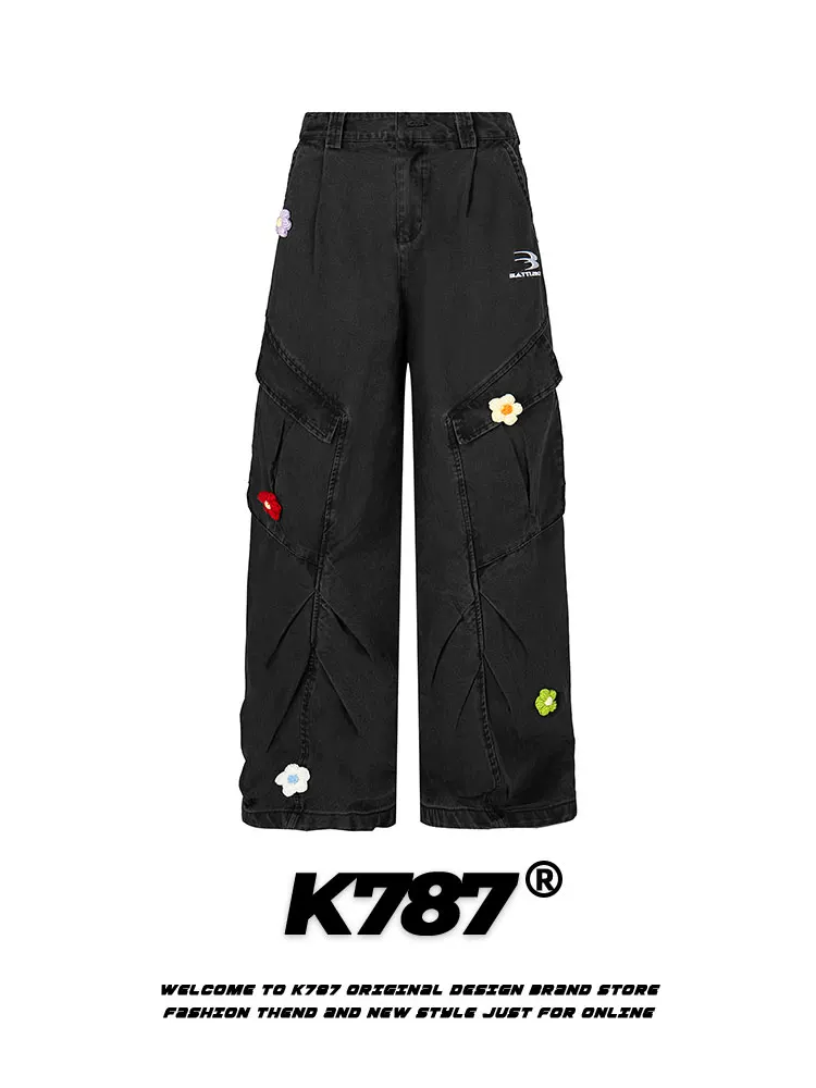 K787 Quần tây thêu phong cách retro quốc gia của Mỹ quần công sở giản dị unisex oversize lưng cao đa năng quần denim ống thẳng đa năng