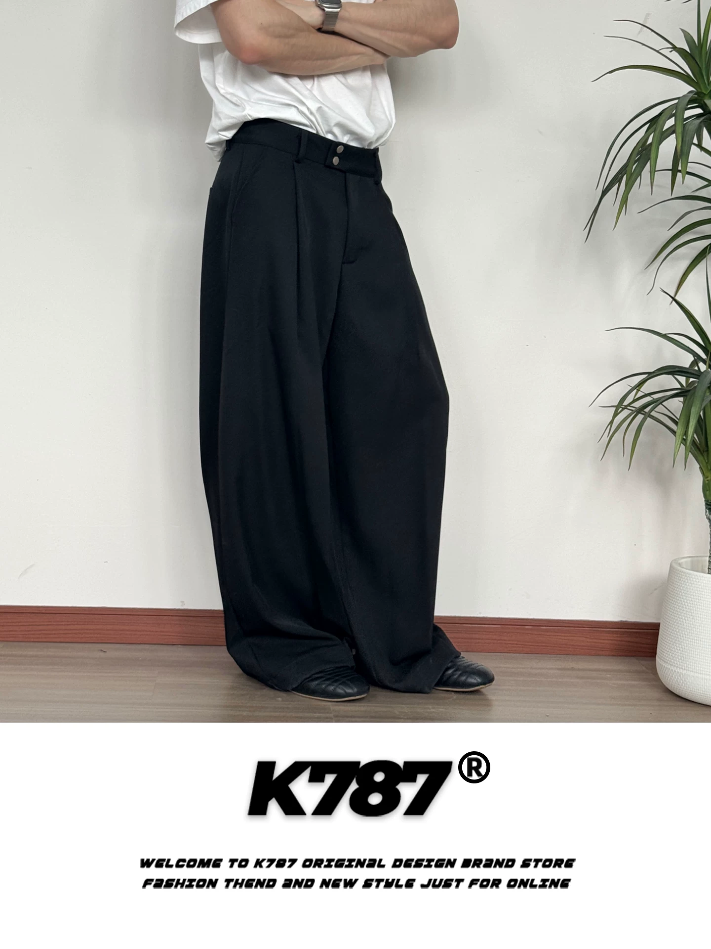 Quần âu unisex kiểu Mỹ cổ điển, chất liệu xước, dáng xuông, cạp cao, xếp ly, tôn dáng, ống thẳng, thương hiệu thời trang K787
