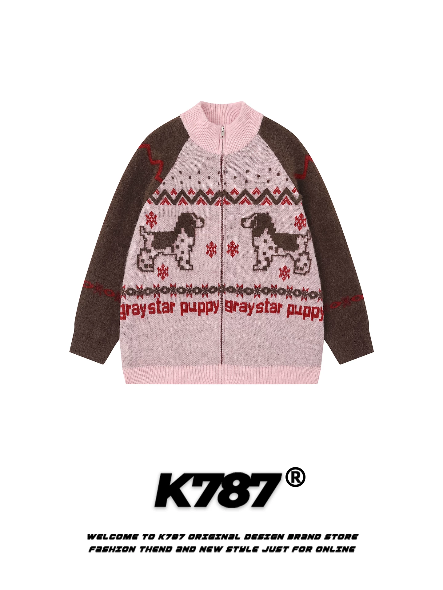 Áo len cardigan dệt jacquard kiểu Mỹ cổ điển K787 dành cho nam và nữ, kiểu dáng rộng rãi, thoải mái, màu hồng thời trang.