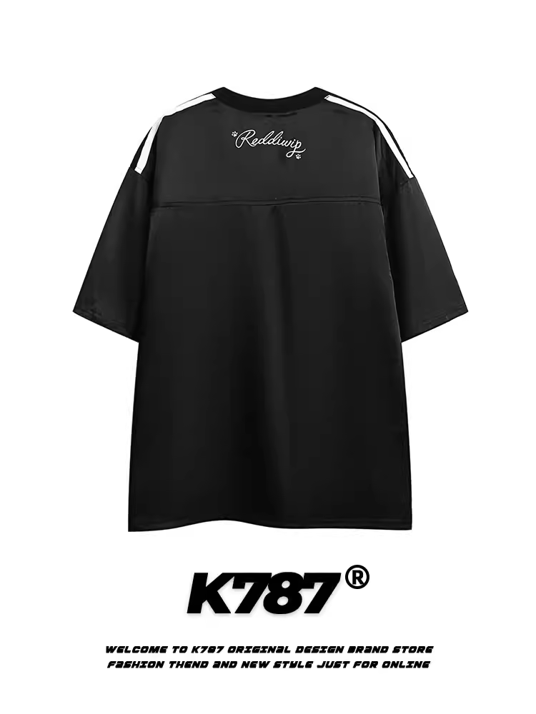 K787 Áo thun thể thao ngắn tay sọc cổ điển kiểu Mỹ unisex cổ chữ V blokecore áo jersey cặp đôi