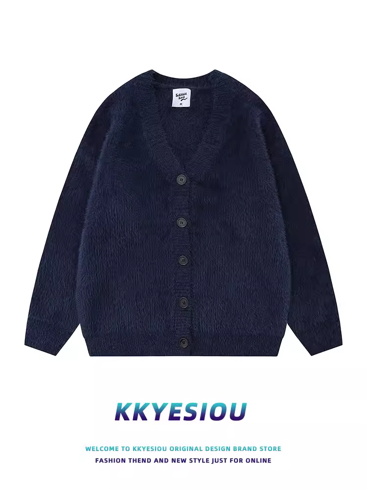 Áo khoác dệt kim kiểu dáng lười biếng cổ điển Mỹ KKyesiou dành cho nam và nữ, kiểu dáng rộng, cổ chữ V, dành cho cặp đôi