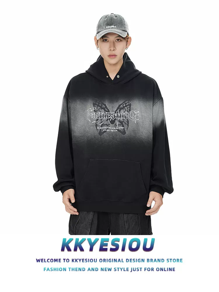 Áo hoodie thêu hình bướm phong cách retro Mỹ, unisex, dáng rộng, in họa tiết phun sơn, dành cho cặp đôi