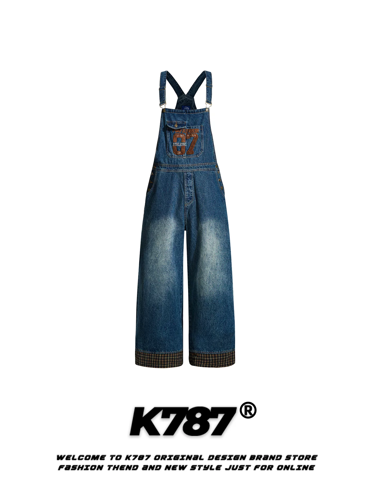 Quần yếm denim thêu kỹ thuật số kiểu Mỹ cổ điển K787 dành cho nam và nữ, kiểu dáng rộng rãi, thoải mái, ống thẳng, màu phai, thời trang