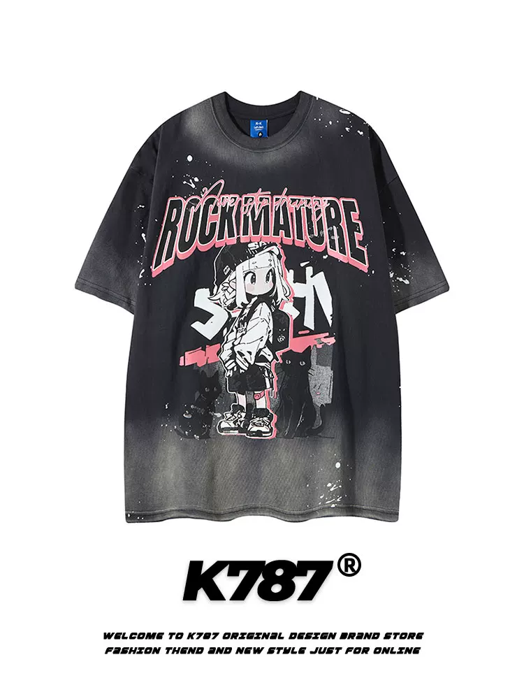 K787 Áo thun ngắn tay phong cách retro vui nhộn của Mỹ có họa tiết graffiti đau khổ dành cho nam và nữ Áo thun nửa tay cỡ lớn dành cho cặp đôi