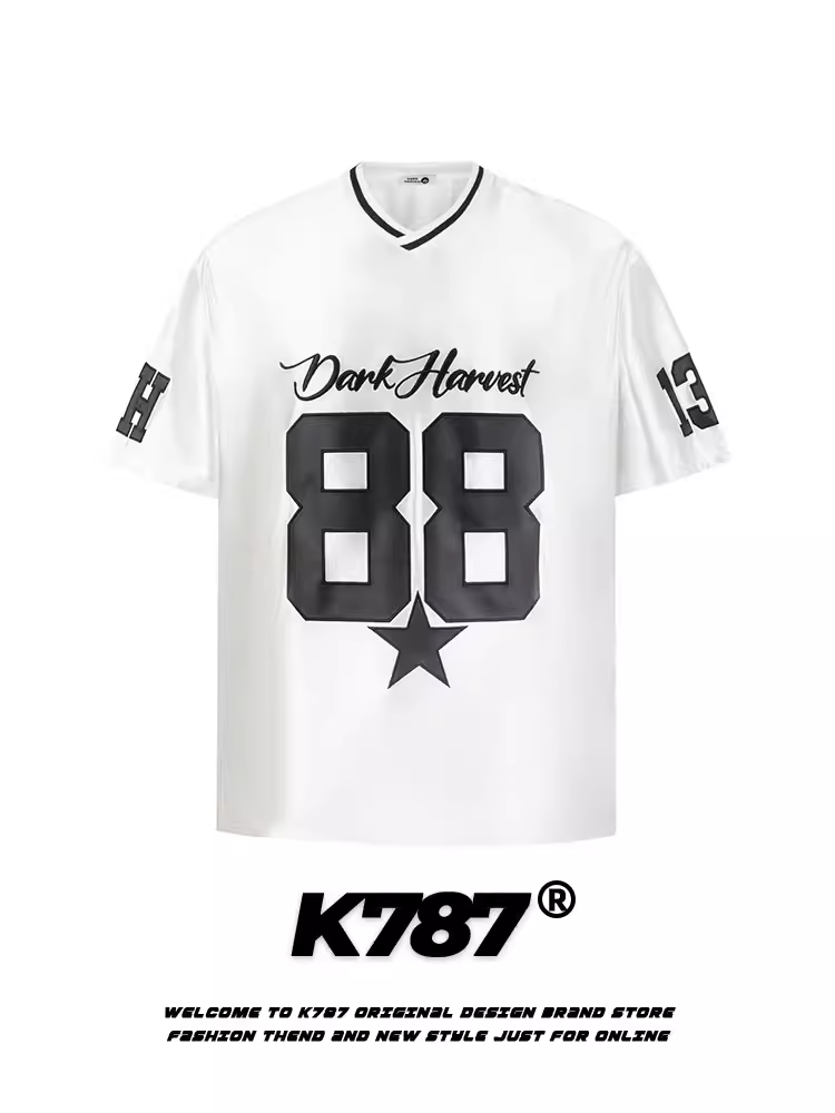 K787 Áo thun ngắn tay phong cách retro Mỹ đa năng, dáng rộng, unisex, kiểu jersey oversize, áo cặp nửa tay